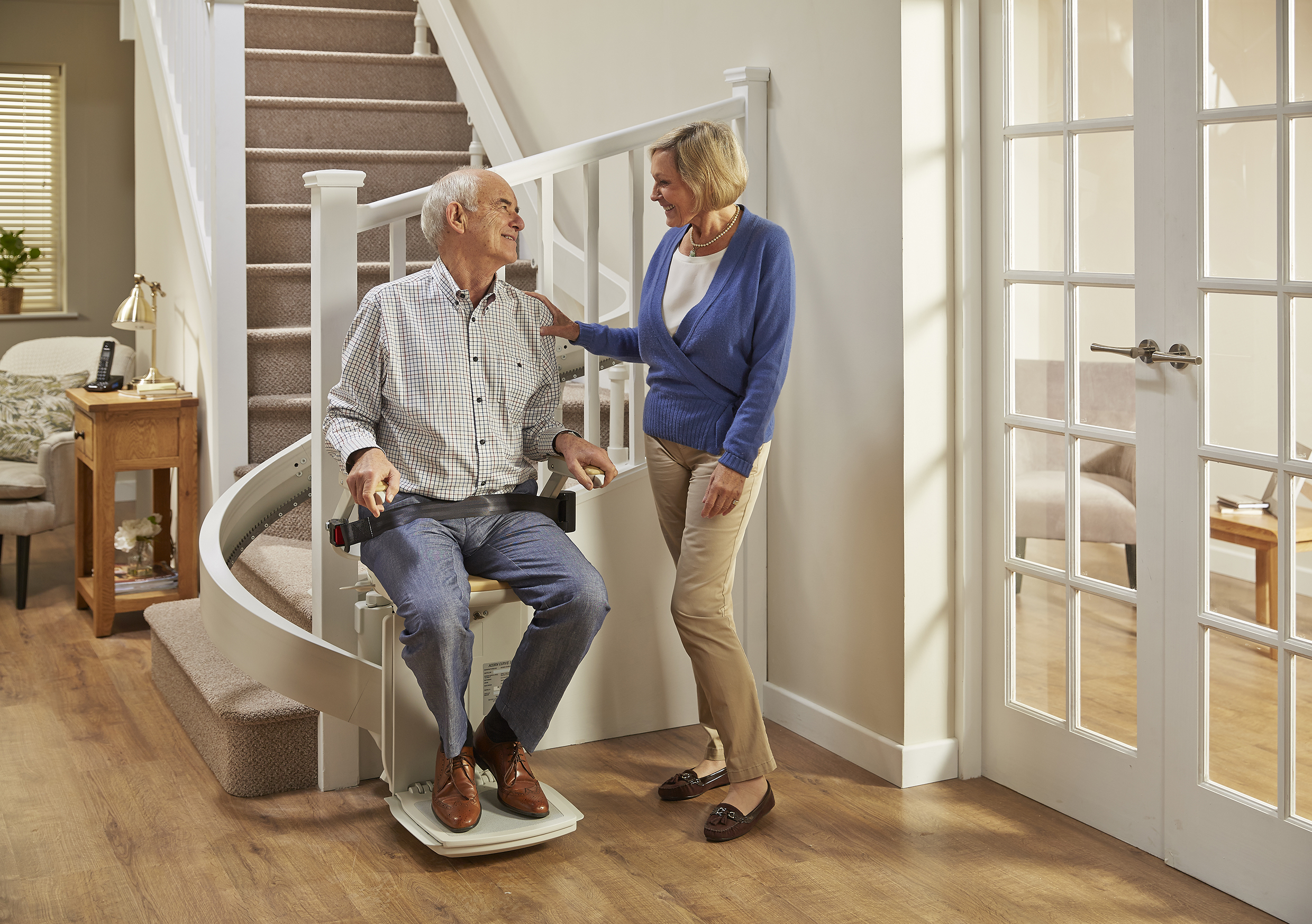 Image of Dr Hilary Jones with Acorn 180 Curved Stairlift